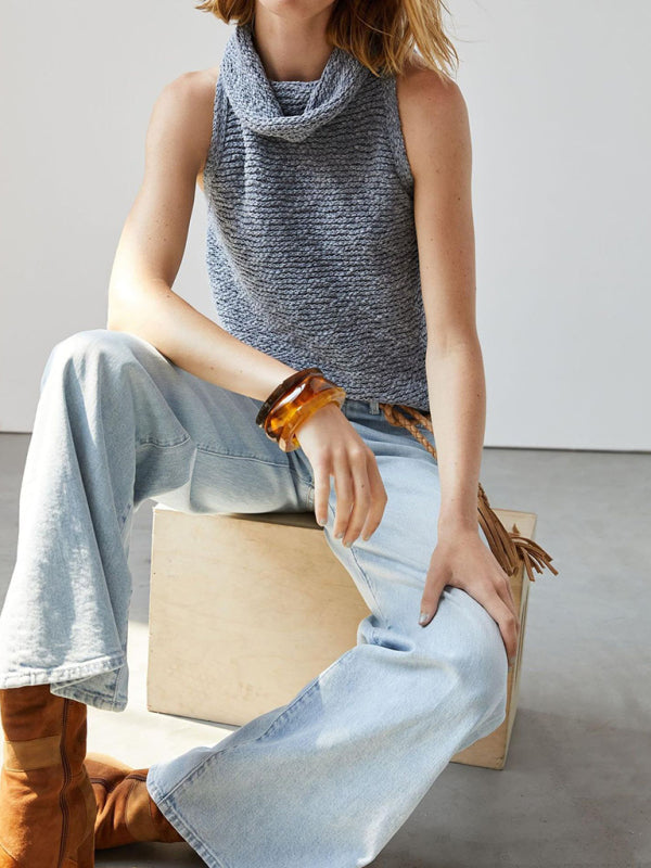 Knitted Top- Textured Sleeveless Sweater | Knitted Cowl Neck Top- Blue- IndioGear Fashion and Gear