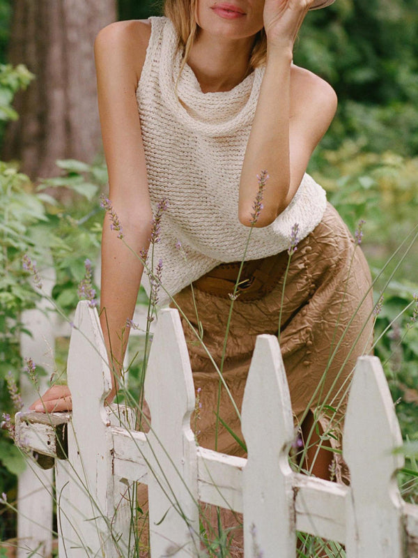 Knitted Top- Textured Sleeveless Sweater | Knitted Cowl Neck Top- Cracker khaki- IndioGear Fashion and Gear