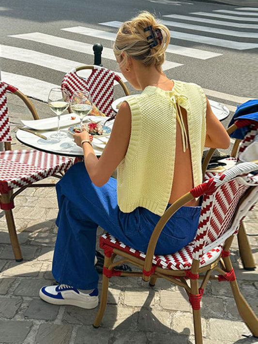 Knitwear- Knitted Backless Tank Top | Tie-Back Vest- Yellow- IndioGear Fashion and Gear