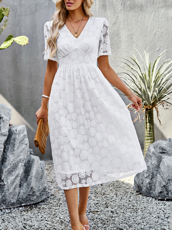 Lace Dresses- Elegant Floral Lace V-Neck Midi Dress - Perfect for Special Occasions- - Pekosa Women Clothing