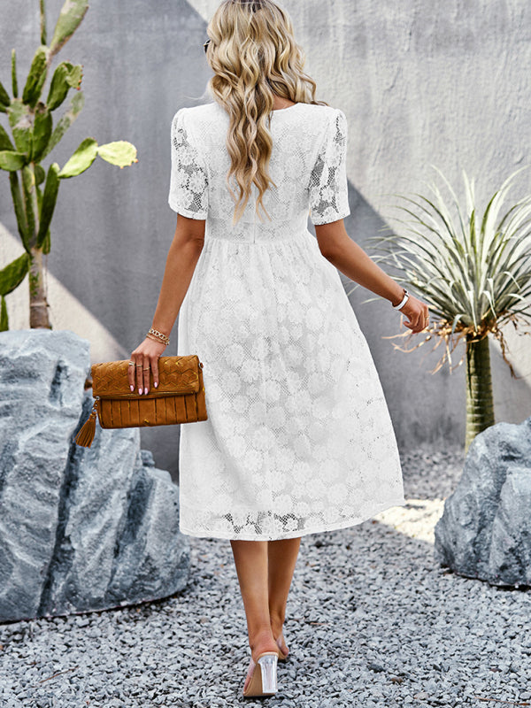 Lace Dresses- Elegant Floral Lace V-Neck Midi Dress - Perfect for Special Occasions- - Pekosa Women Clothing