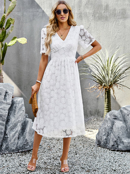 Lace Dresses- Elegant Floral Lace V-Neck Midi Dress - Perfect for Special Occasions- - Pekosa Women Clothing