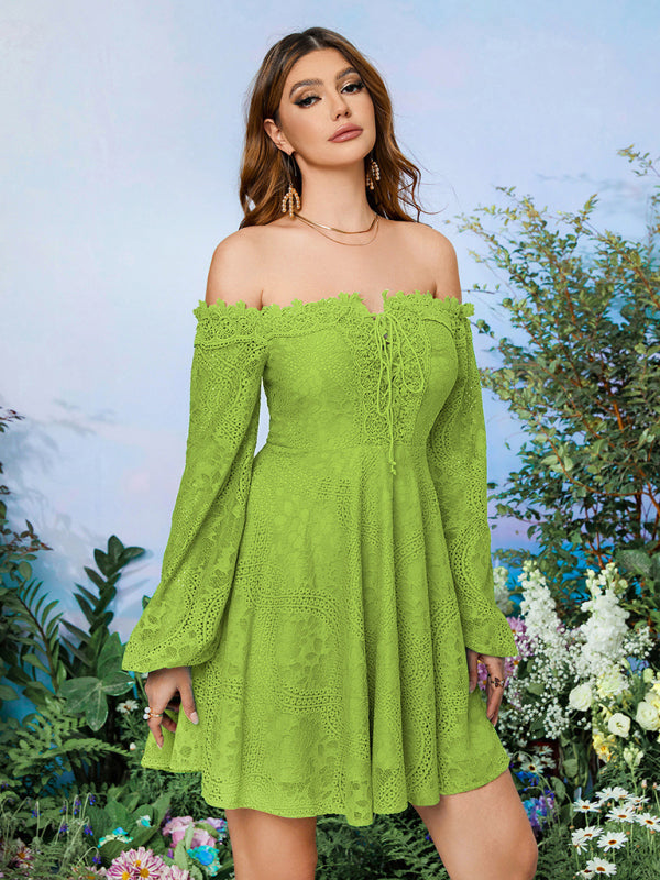 Lace Dresses- Elegant Off-Shoulder Long Sleeve Fit & Flare Dress in Guipure Lace- GreenYellow- IndioGear Clothing and Gear