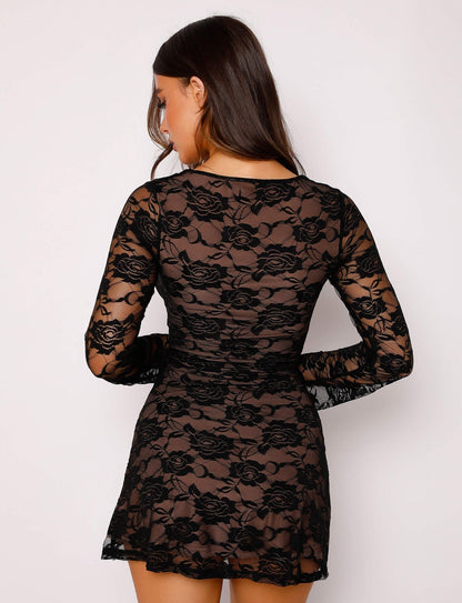 Lace Dresses- Floral Lace Overlay Fitted Flared Sleeve MinI Dress- - IndioGear Clothing and Gear