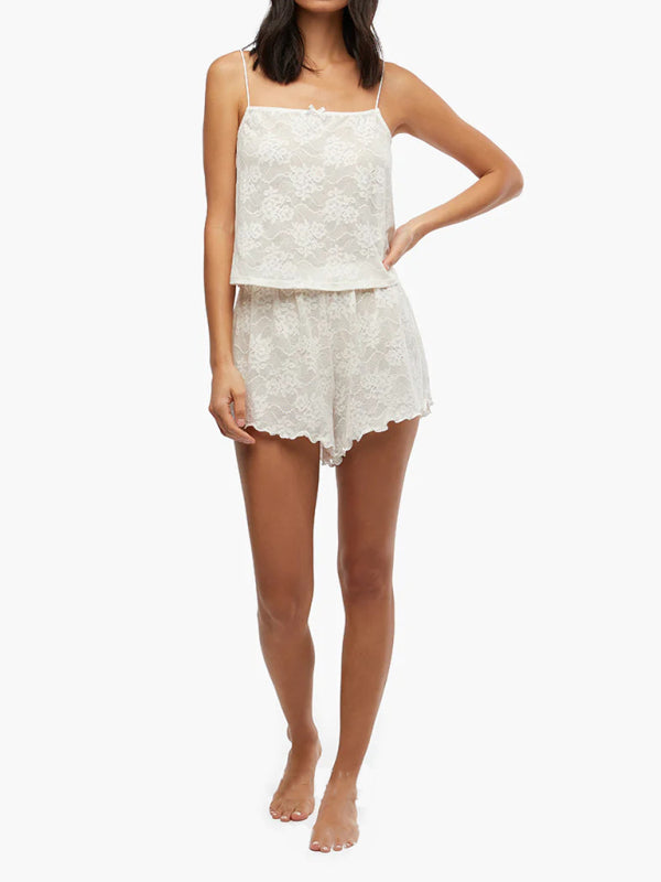 Lace Outfits- Floral Lace 2 Piece Cami Top and Shorts Loungewear- - IndioGear Fashion and Gear