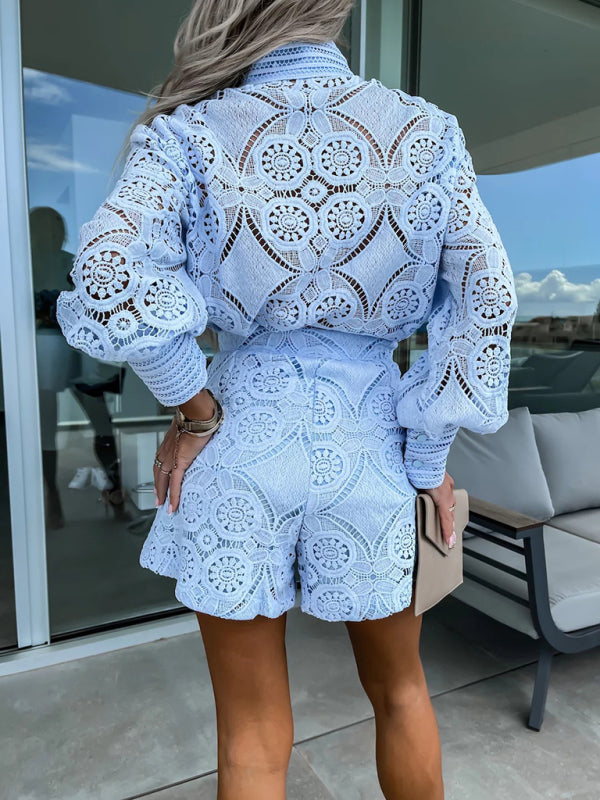 Lace Outfits-Summer Elegance Lace Outfit | Stand Collar Shirt & Wide-Leg Shorts-Pekosa Women Clothing