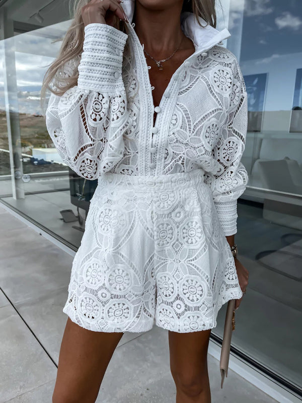 Lace Outfits-Summer Elegance Lace Outfit | Stand Collar Shirt & Wide-Leg Shorts-Pekosa Women Clothing