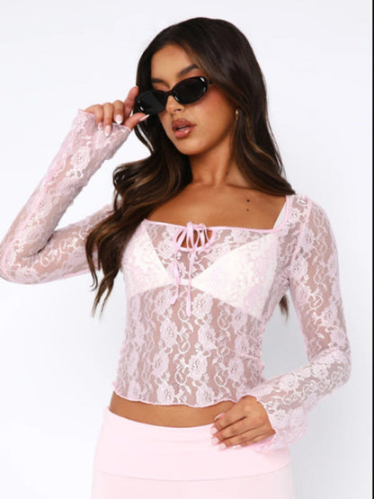 Lace Tops- Floral See-Through Lace Top - Long Sleeve Lace Blouse- - IndioGear Clothing and Gear