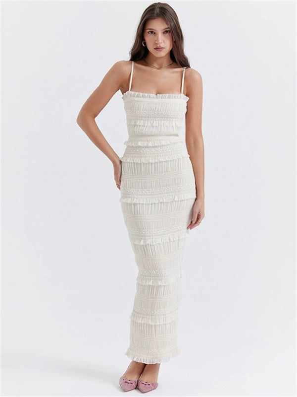 Layered Bodycon Dresses- Elegant Ruffle Layered Bodycon Long Dress with Sequin Appliqué- White- IndioGear Clothing and Gear