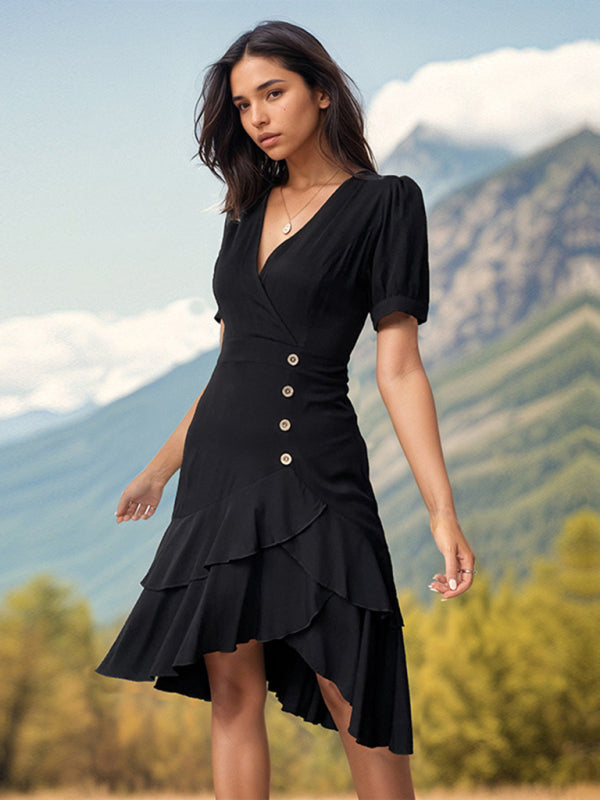 Layered Dresses- Solid Layered High-Low Midi Dress with Surplice V-Neck- - IndioGear Fashion and Gear