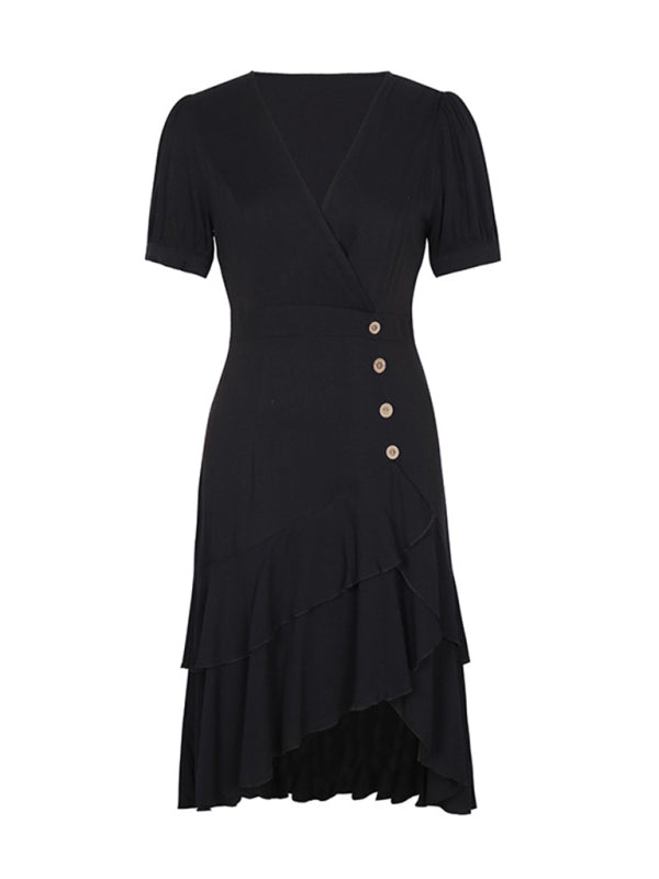 Layered Dresses- Solid Layered High-Low Midi Dress with Surplice V-Neck- - IndioGear Fashion and Gear