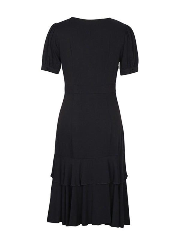 Layered Dresses- Solid Layered High-Low Midi Dress with Surplice V-Neck- - IndioGear Fashion and Gear