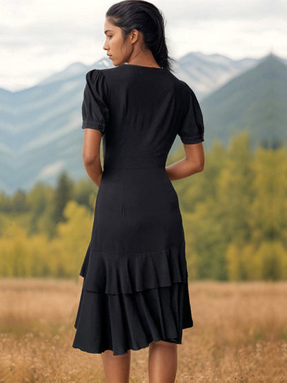 Layered Dresses- Solid Layered High-Low Midi Dress with Surplice V-Neck- - IndioGear Fashion and Gear