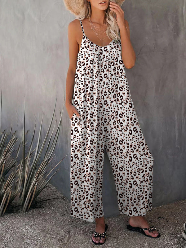 - Leopard Print Cami Wide-Leg Jumpsuit for Women- Pink- IndioGear Fashion and Gear