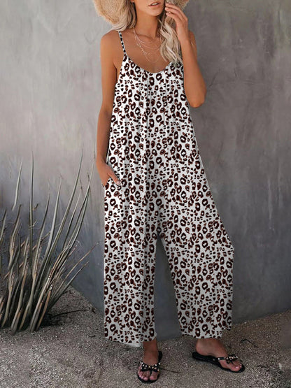 - Leopard Print Cami Wide-Leg Jumpsuit for Women- Brown- IndioGear Fashion and Gear