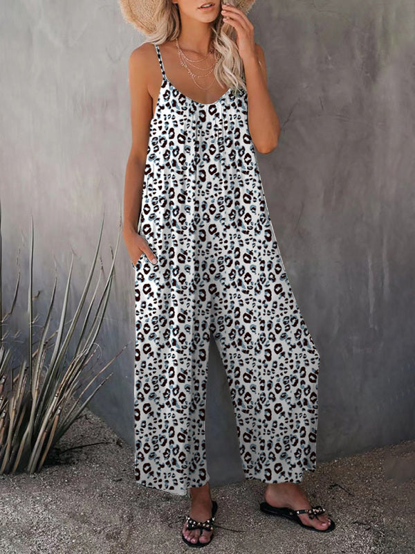 - Leopard Print Cami Wide-Leg Jumpsuit for Women- Blue- IndioGear Fashion and Gear