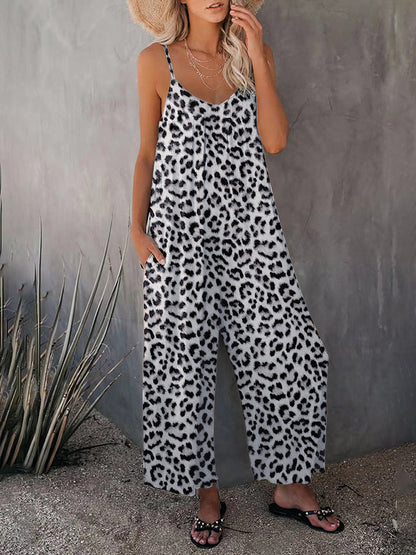 - Leopard Print Cami Wide-Leg Jumpsuit for Women- Gray- IndioGear Fashion and Gear