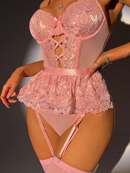 Elegant Floral Lace Bodysuit Teddy Set with Stockings