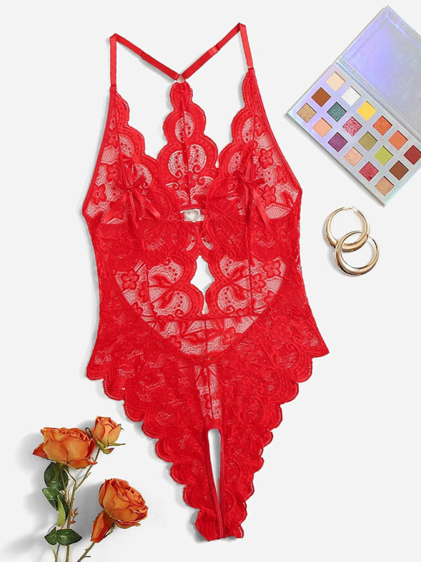 Lingerie- Lace Cutout Plunge Bodysuit Lingerie- Red- IndioGear Clothing and Gear