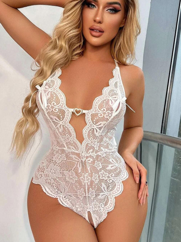 Lingerie- Lace Cutout Plunge Bodysuit Lingerie- White- IndioGear Clothing and Gear