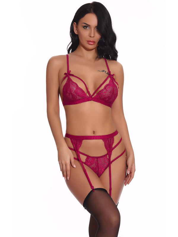 Lingerie- Lace Elegance in a 3-Piece Set - Triangle Bra & G-String & Garter Belt- - IndioGear Fashion and Gear