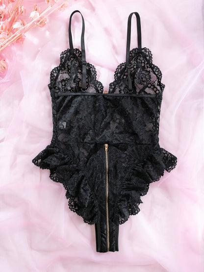 Lingerie Bodysuit | Ruffle Lace One-Piece Zip-Up Teddy