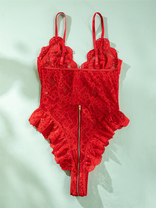 Lingerie Bodysuit | Ruffle Lace One-Piece Zip-Up Teddy