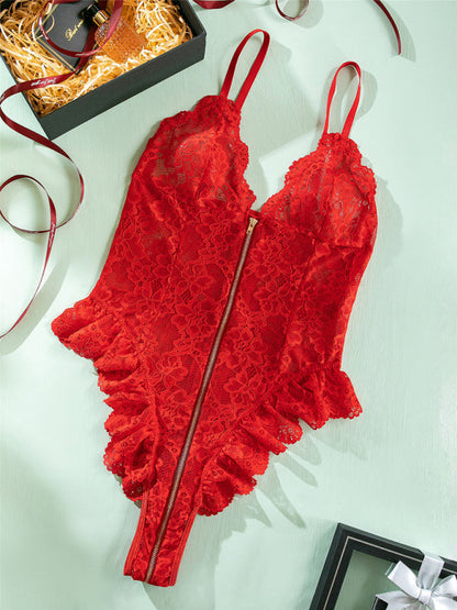 Lingerie Bodysuit | Ruffle Lace One-Piece Zip-Up Teddy