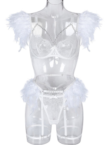 Lingerie Outfit- Feathered 3-Piece Lace Lingerie Set - Bra, G-String, and Garters Belt- - IndioGear Fashion and Gear