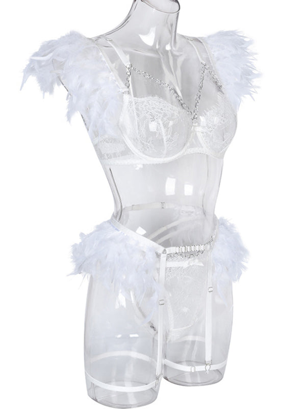 Lingerie Outfit- Feathered 3-Piece Lace Lingerie Set - Bra, G-String, and Garters Belt- - IndioGear Fashion and Gear