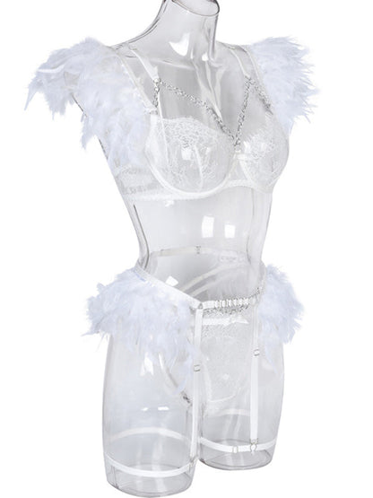 Lingerie Outfit- Feathered 3-Piece Lace Lingerie Set - Bra, G-String, and Garters Belt- - IndioGear Fashion and Gear