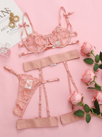 Romantisches Spitzen-Dessous-Set mit Blumenmuster – Bügel-BH, G-String-Höschen, Strumpfgürtel