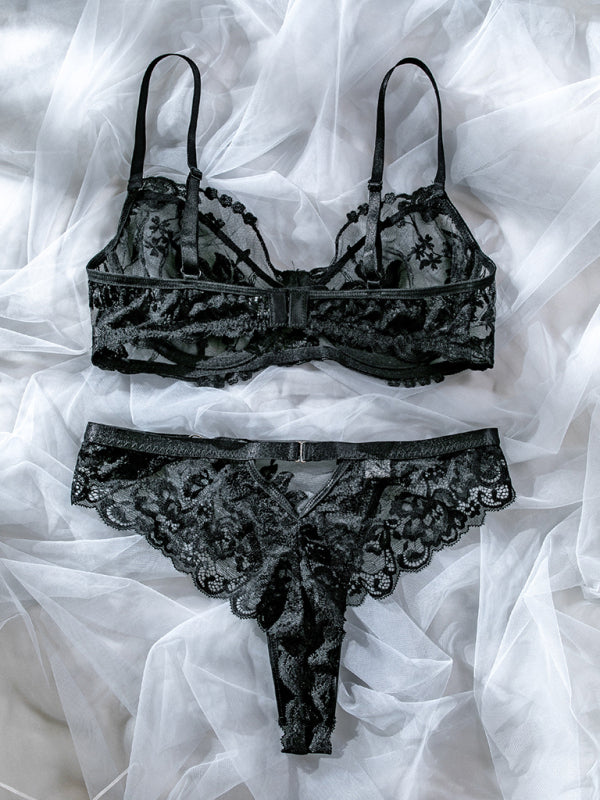 Duo de lingerie en dentelle florale transparente - Soutien-gorge et culotte à armatures