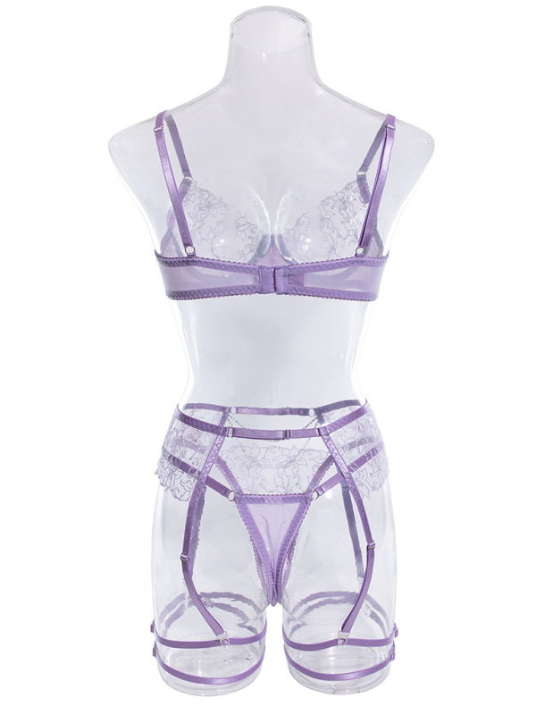 Lingerie Set- 3-Pc Bra, G-String & Garter Belt - Sheer Lace Lingerie Set- - IndioGear Clothing and Gear