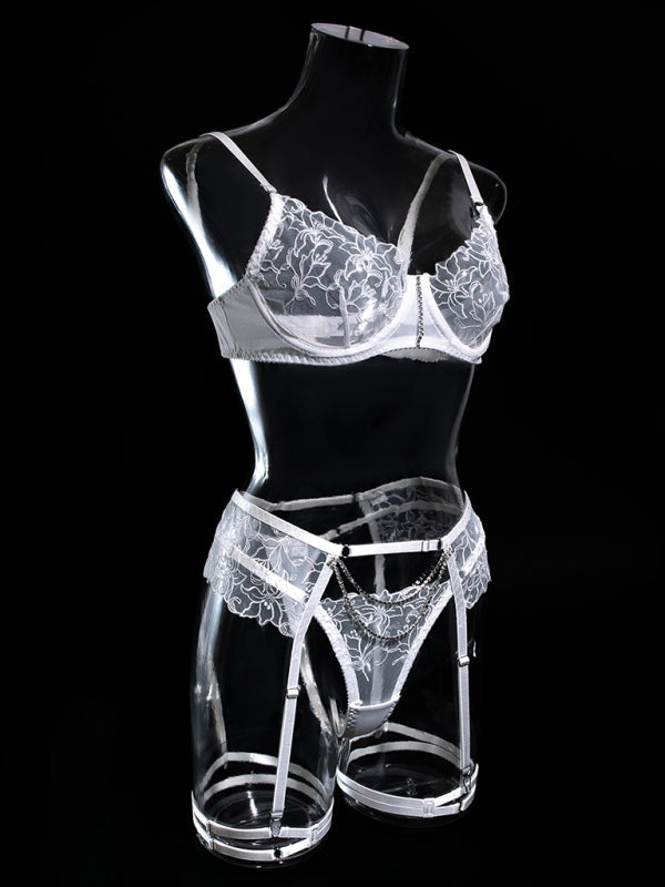 Lingerie Set- 3-Pc Bra, G-String & Garter Belt - Sheer Lace Lingerie Set- - IndioGear Clothing and Gear