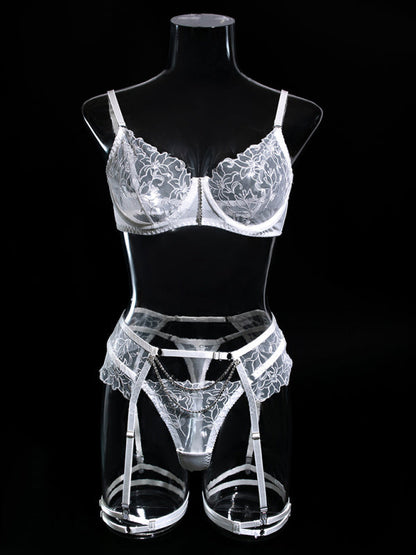 Lingerie Set- 3-Pc Bra, G-String & Garter Belt - Sheer Lace Lingerie Set- - IndioGear Clothing and Gear