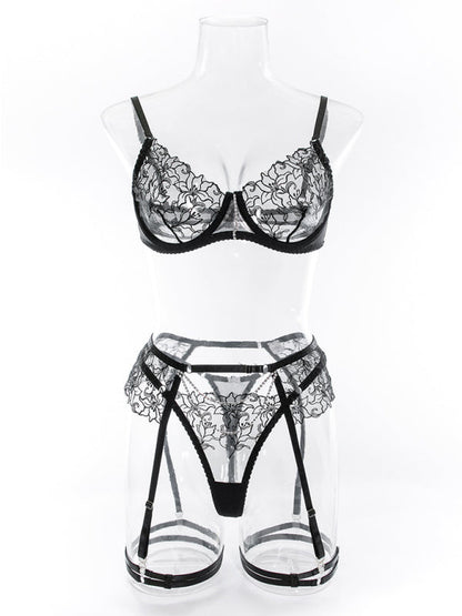 Lingerie Set- 3-Pc Bra, G-String & Garter Belt - Sheer Lace Lingerie Set- - IndioGear Clothing and Gear