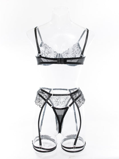 Lingerie Set- 3-Pc Bra, G-String & Garter Belt - Sheer Lace Lingerie Set- - IndioGear Clothing and Gear