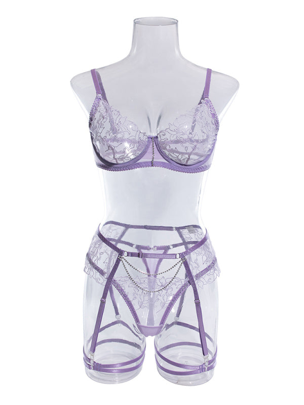 Lingerie Set- 3-Pc Bra, G-String & Garter Belt - Sheer Lace Lingerie Set- - IndioGear Clothing and Gear