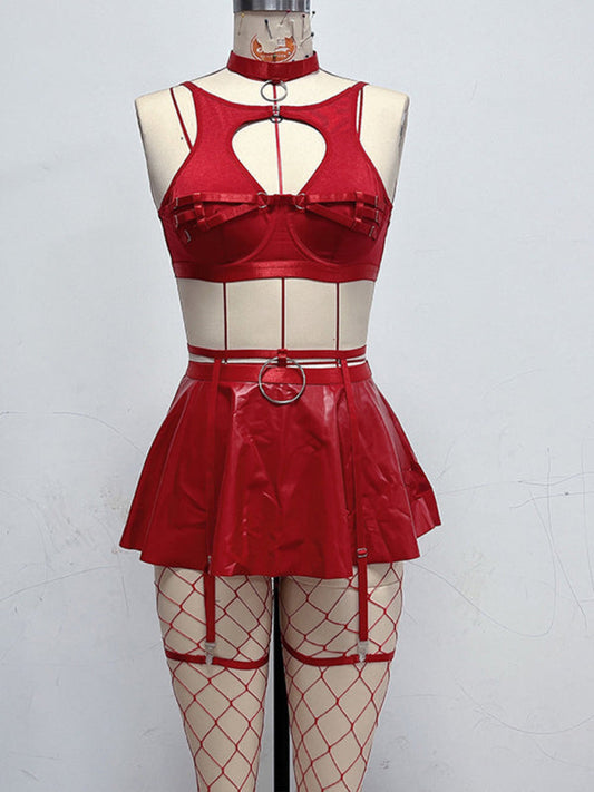 Lingerie Set- Complete Faux Leather Cosplay Lingerie Set for Playful Nights- Red- IndioGear Clothing and Gear