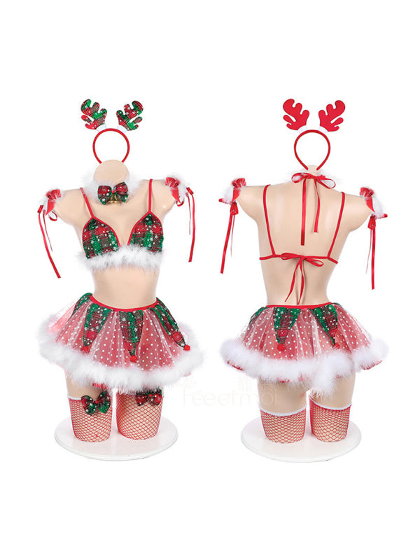 Lingerie Set- Feathered Fantasy: Christmas Lingerie with 7-Piece Ensemble- - IndioGear Clothing and Gear