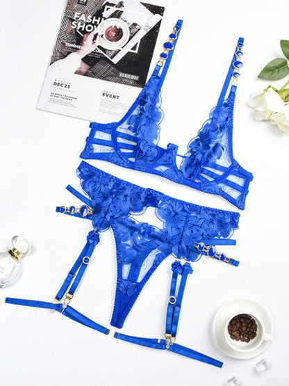 Lingerie Set- Mesh Lace Lingerie 3-Piece Bra, G-String Thong & Garter Belt Set- Blue- IndioGear Fashion and Gear