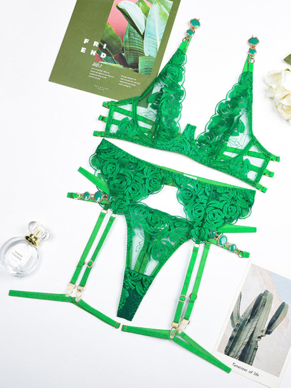 Lingerie Set- Mesh Lace Lingerie 3-Piece Bra, G-String Thong & Garter Belt Set- Green- IndioGear Fashion and Gear