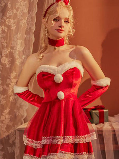 Lingerie Set- Santa's Secret: 6-Piece Velvet Dress Set Christmas Outfit- Red- IndioGear Clothing and Gear