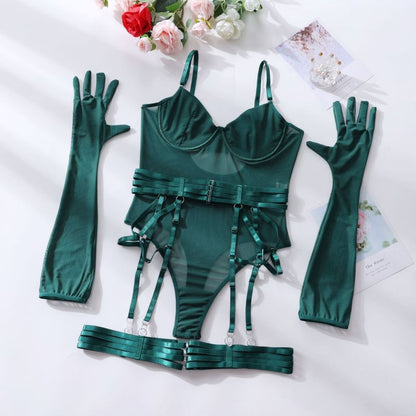 Lingerie Set- See-Through Lingerie Trio Bodysuit, Garter Belt & Gloves- Green black jasper- IndioGear Clothing and Gear