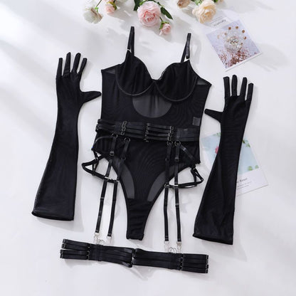 Lingerie Set- See-Through Lingerie Trio Bodysuit, Garter Belt & Gloves- Black- IndioGear Clothing and Gear