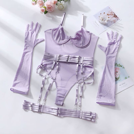 Lingerie Set- See-Through Lingerie Trio Bodysuit, Garter Belt & Gloves- Purple- IndioGear Clothing and Gear