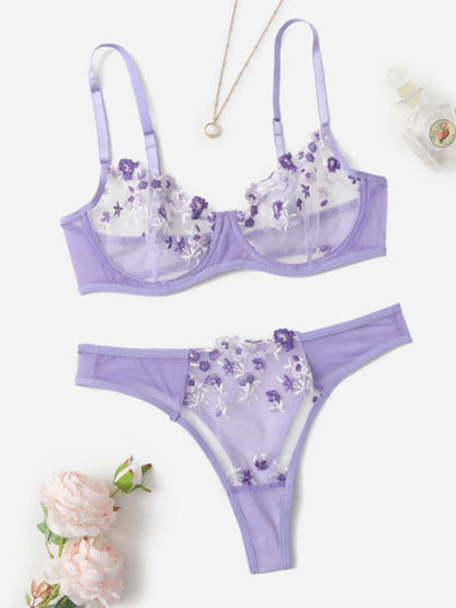 Lingerie Set- Sheer Embroidered Lace Bra and Thong Set for Intimate Love Celebrations- Purple- IndioGear Clothing and Gear