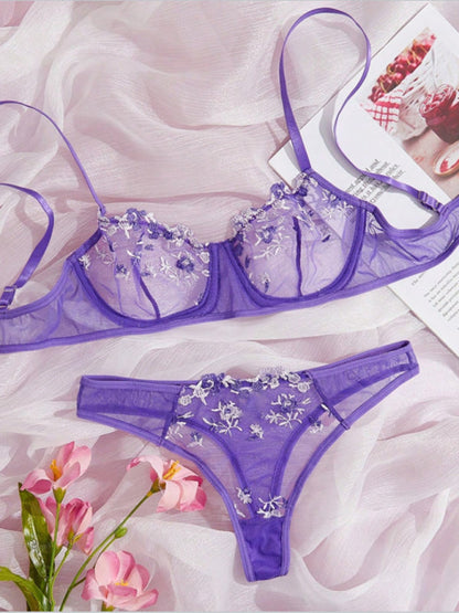 Lingerie Set- Sheer Embroidered Lace Bra and Thong Set for Intimate Love Celebrations- - IndioGear Clothing and Gear