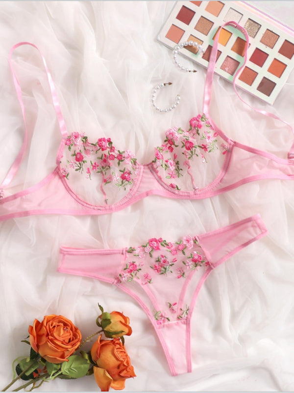 Lingerie Set- Sheer Embroidered Lace Bra and Thong Set for Intimate Love Celebrations- Pink- IndioGear Clothing and Gear